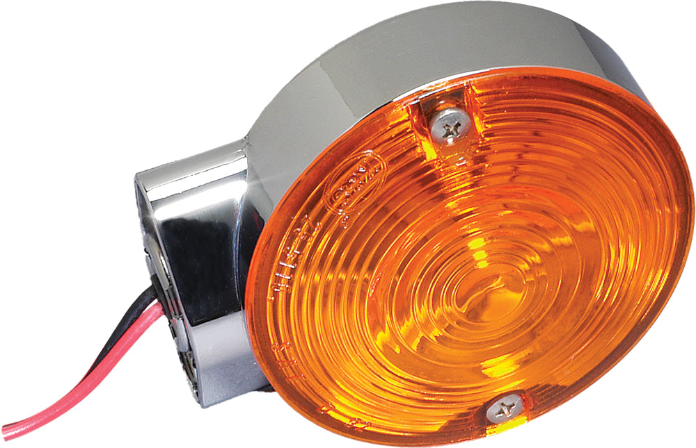K&S Technologies front turn signal for Harley-Davidson motorcycle, showing the clear lens and mounting hardware.