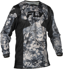 Fly Racing Patrol Kryptek grey and black jersey with Kryptek pattern, showing the lightweight, breathable fabric and fitted design.