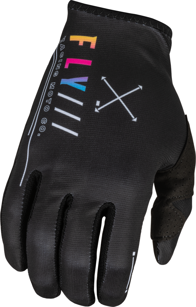 Fly Racing Youth Lite S.E. Avenge gloves in black and sunset color, showcasing lightweight motocross gloves with protective features.