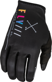 Fly Racing Youth Lite S.E. Avenge gloves in black and sunset color, showcasing lightweight motocross gloves with protective features.