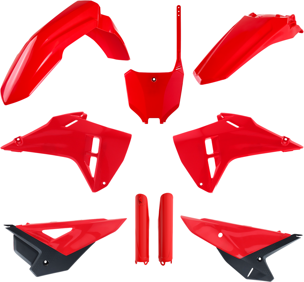 Polisport Plastics Honda CRF restyle kit with red body panels, including fairings and covers for motorcycle customization.