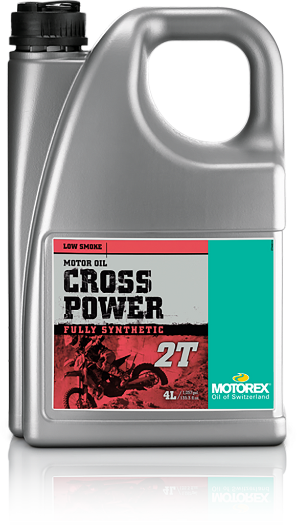 Motorex Cross Power 2T 4L bottle of motorcycle engine oil, with product label and packaging visible.