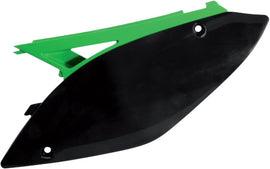 Acerbis black and green side panels for motorcycle, featuring sleek design and durable plastic construction.