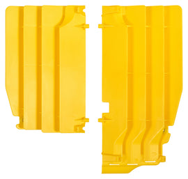 Polisport Plastics yellow radiator louvers for motorcycle, part number 64-56526, with vent-slash design and mounting points visible
