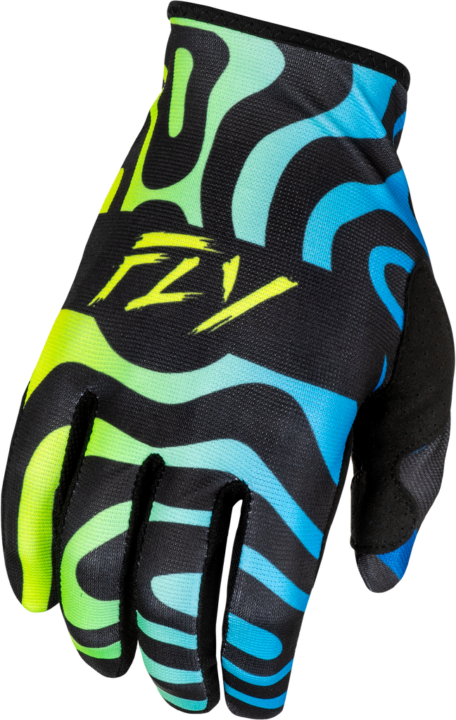 Fly Racing Lite Zen gloves in black, blue, and hi-vis with XL size, showcasing lightweight, protective motorcycle glove design.