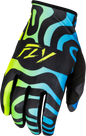 Fly Racing Lite Zen gloves in black, blue, and hi-vis with XL size, showcasing lightweight, protective motorcycle glove design.