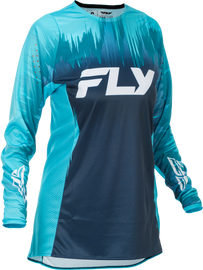 Fly Racing Women's Lite Jersey in aqua, navy, and white, featuring a lightweight, breathable motocross jersey design.