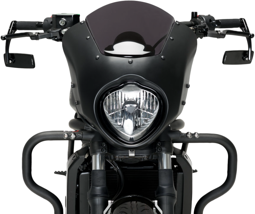 Black PUIG rearview mirror with sleek design, mounted on a motorcycle handlebar, showcasing its reflective glass and mounting arm.