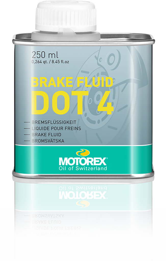 Motorex Dot 4 brake fluid bottle, 250ml, with 12-pack case, showing the chemical fluid container for vehicle braking systems.