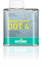 Load image into Gallery viewer, Motorex Dot 4 Brake Fluid 250ml bottle with label, used for vehicle brake systems, in a clear plastic container.
