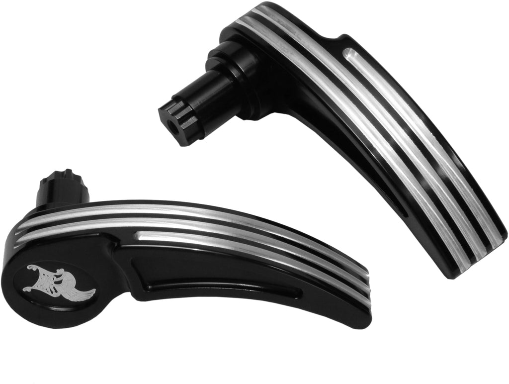 Kens Factory NL Saddlebag Lever Contrast Mounts and Brackets for FLH/FLT motorcycles, black finish, shown on motorcycle side.