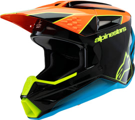 Alpine Star Sm3 Youth Fray helmet in black, orange, and yellow fluor with colorful design, safety vents, and youth fit.