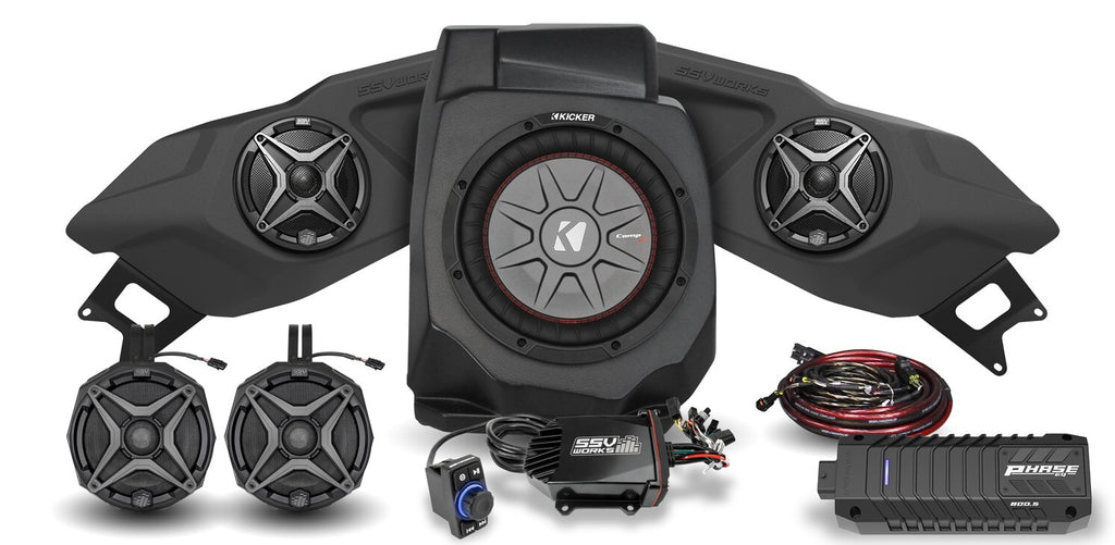 SSV Works 5 speaker plug and play kit for audio system, showing the wiring and connectors for off-road vehicle audio setup.