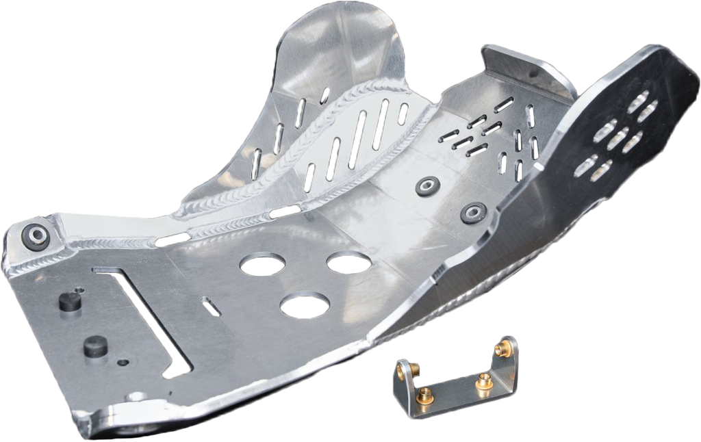 Enduro Engineering KTM, Husqvarna, Gas Gas skid plate guard for motorcycle protection, durable metal construction, mounted on off-road bike.