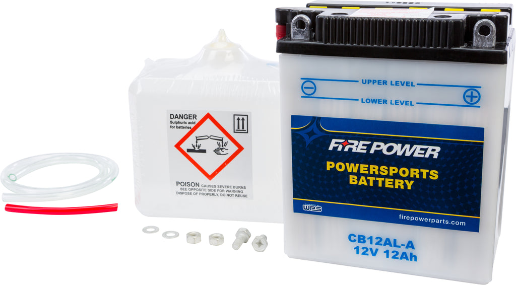 Fire Power CB12AL-A 12V heavy-duty car battery with acid, showing the battery with terminals and label for automotive use.
