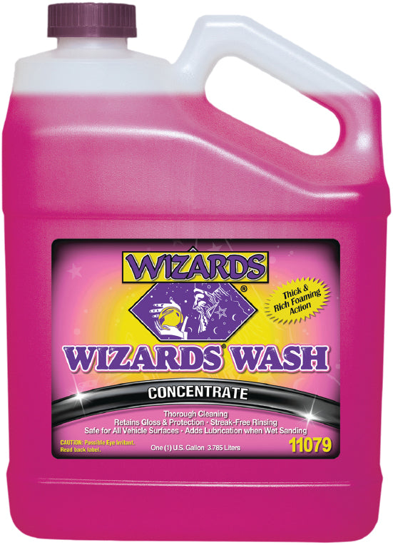 Wizards Products Wash Concentrate 1-gallon chemical container with label, used for cleaning and maintenance.