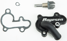 Boyesen waterpump cover and impeller kit in black, showing the durable plastic cover and impeller components for motorcycle cooling system