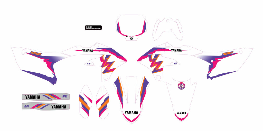 DCOR Yamaha complete graphic kit with decals and graphics for motorcycle, featuring bold designs and vibrant colors.