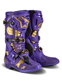 Alpine Star Tech 10 Le motorcycle boots in ultraviolet, gold, and black with size 10, featuring durable design and ankle protection.