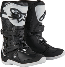 Load image into Gallery viewer, Alpine Star Tech 3s youth motorcycle boots in white and black, size 6, showing the sturdy design and ankle protection.
