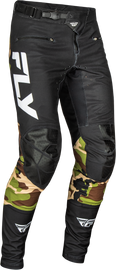 Fly Racing Rayce bicycle pants in black and camo, size 38, showcasing durable fabric and stylish design for cycling.