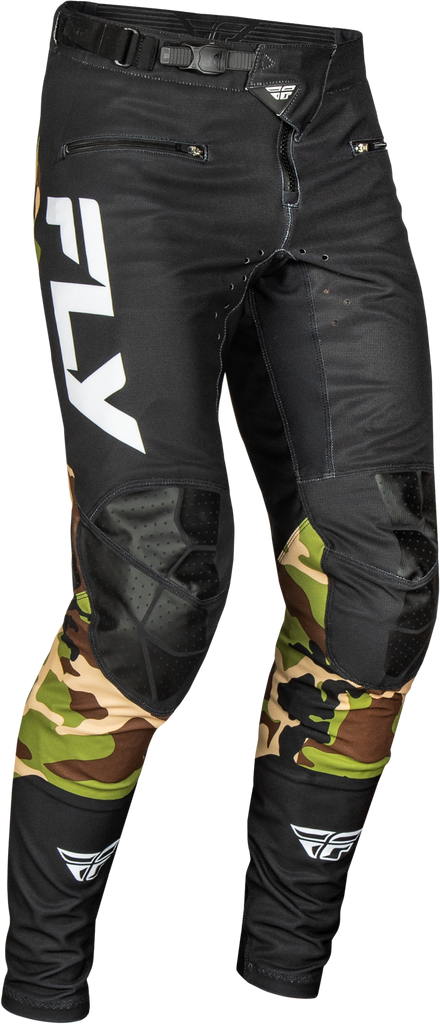 Fly Racing Rayce bicycle pants in black and camo, size 38, showing durable fabric and sporty design for riding comfort.