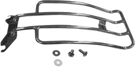 HardDrive Solo luggage rack in chrome for 2005-2017 Harley Davidson FLSTF motorcycle, mounted on rear of bike.