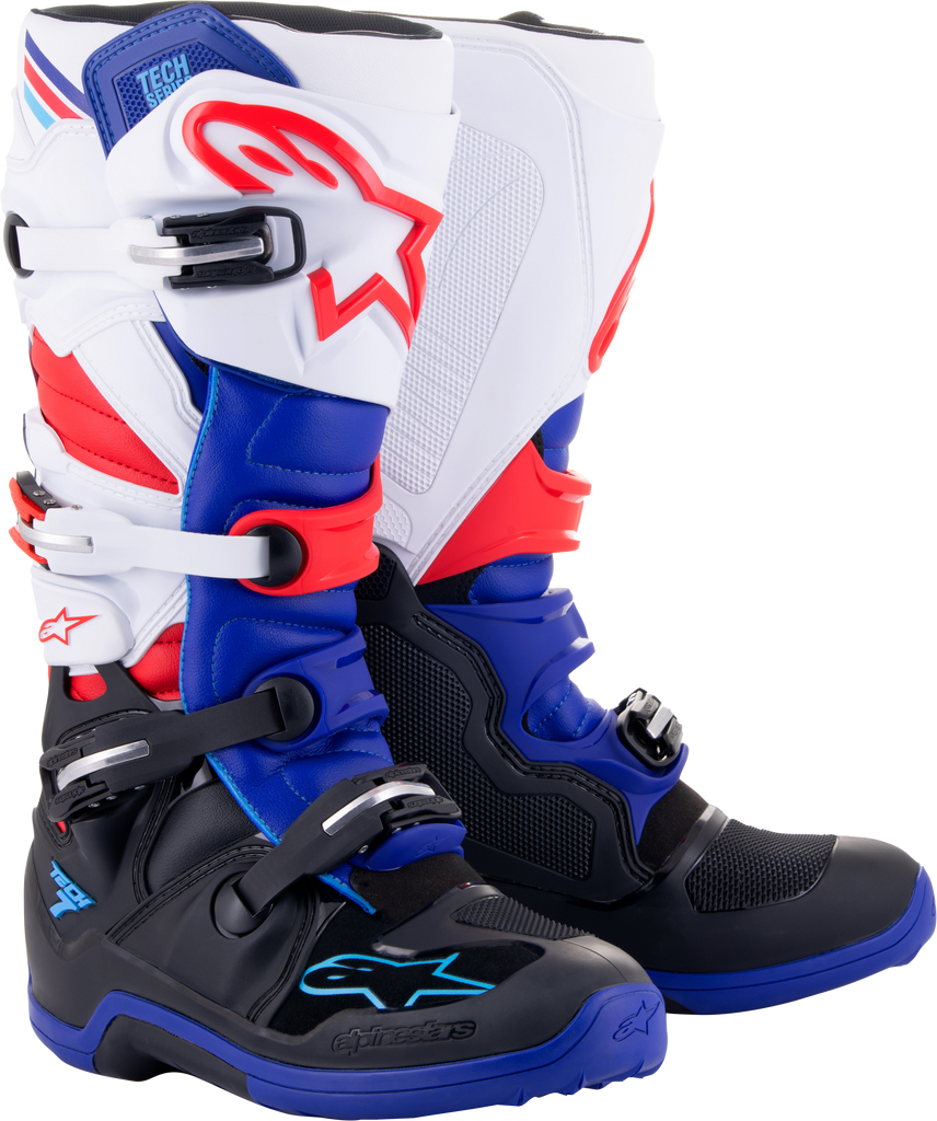 Alpine Star Tech 7 motocross boots in black, blue, red, and white with size 11, featuring durable protective design.