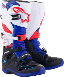 Alpine Star Tech 7 motocross boots in black, blue, red, and white, size 15, with protective design and sturdy construction.