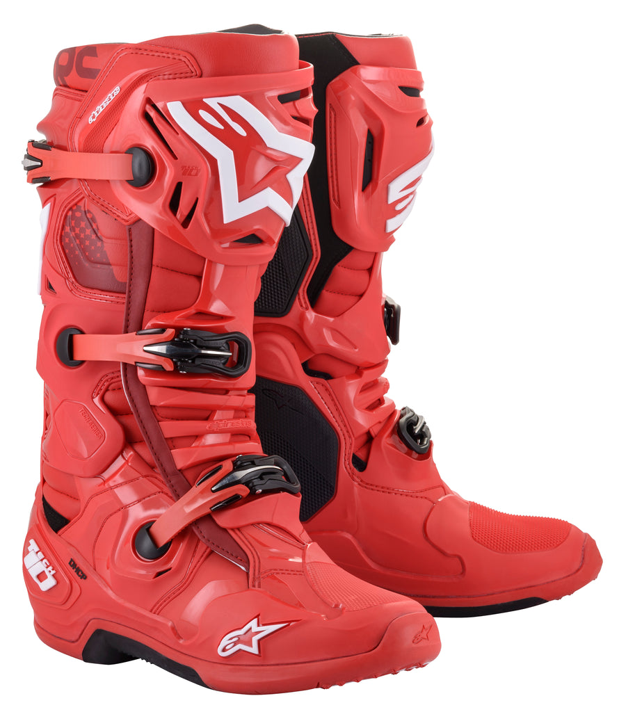 Alpine Star Tech 10 motorcycle boots in red, size 11, with protective features and sturdy construction for riding safety.