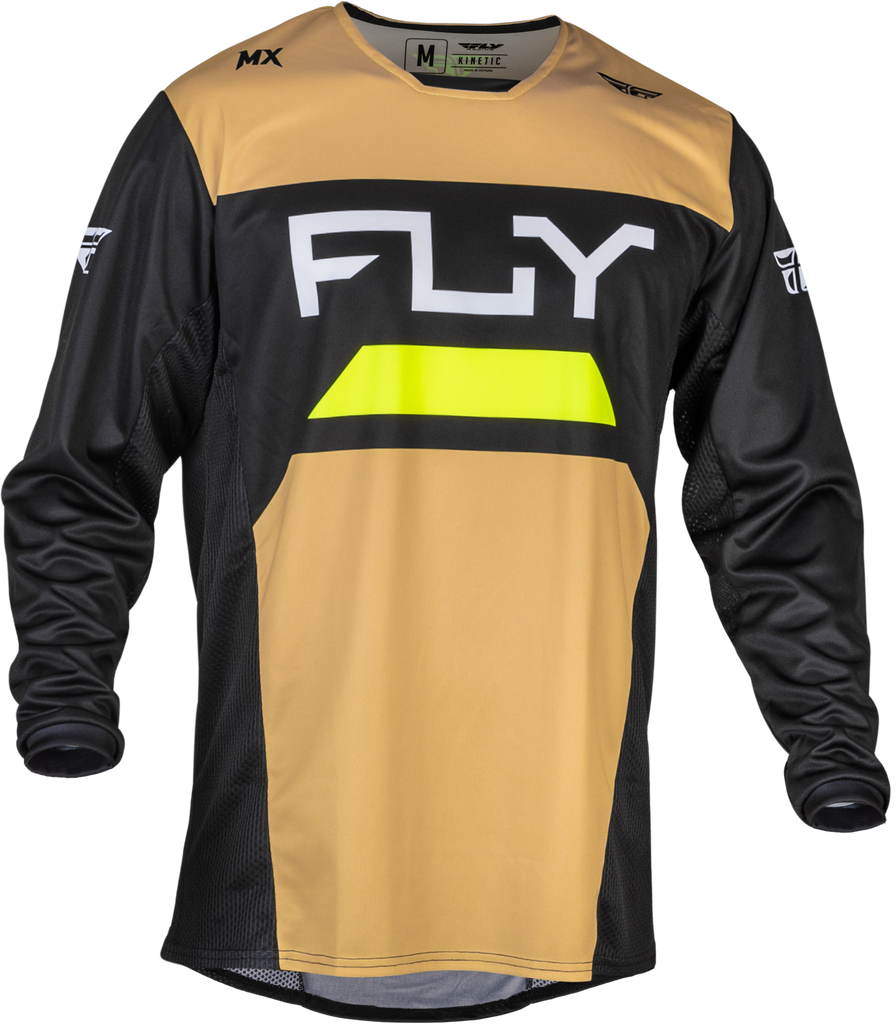 Fly Racing Kinetic Reload jersey in khaki, black, and hi-vis with breathable fabric and vibrant color accents.