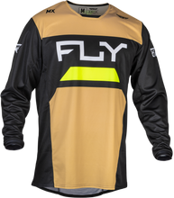 Load image into Gallery viewer, Fly Racing Kinetic Reload jersey in khaki, black, and hi-vis with breathable fabric and vibrant color accents.