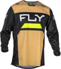 Fly Racing Kinetic Reload jersey in khaki, black, and hi-vis with breathable fabric and vibrant color accents.