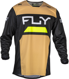 Fly Racing Kinetic Reload jersey in khaki, black, and hi-vis colors, featuring lightweight fabric and bold graphic design.
