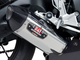 Yoshimura Race R-77 slip-on exhaust with stainless steel and carbon fiber finish, designed for high-performance motorcycle exhaust system