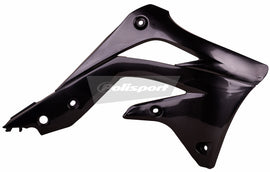 Polisport Plastics black radiator shroud body part for motorcycle, model 64-04201, with vented design and mounting points visible.