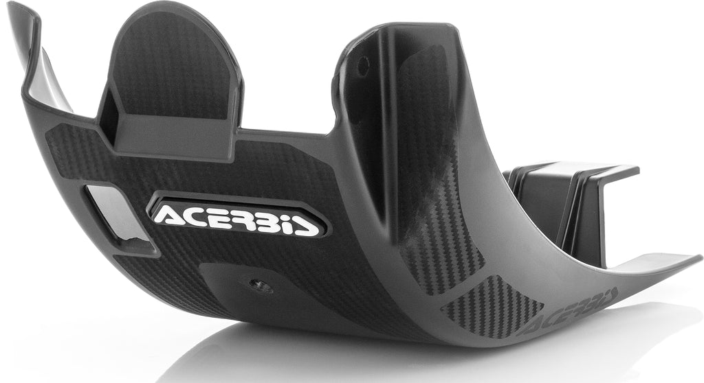 Black Acerbis skid plate for motorcycles, showing the durable protective metal shield with mounting points and Acerbis branding.