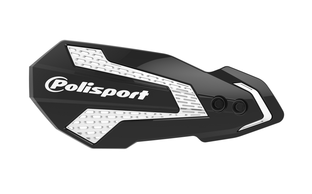 Polisport Plastics MX Flow handguards in black and white, designed for motocross bikes, shown installed on motorcycle handlebars.