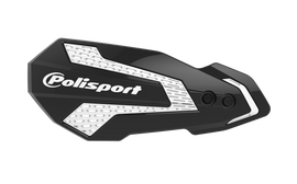 Polisport Plastics MX Flow handguards in black and white, designed for motocross bikes, shown installed on motorcycle handlebars.
