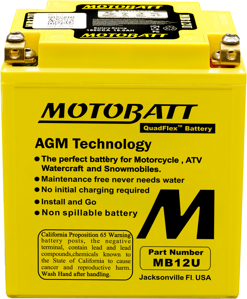 Motobatt MB12U sealed factory-activated motorcycle battery with compact design and durable construction.