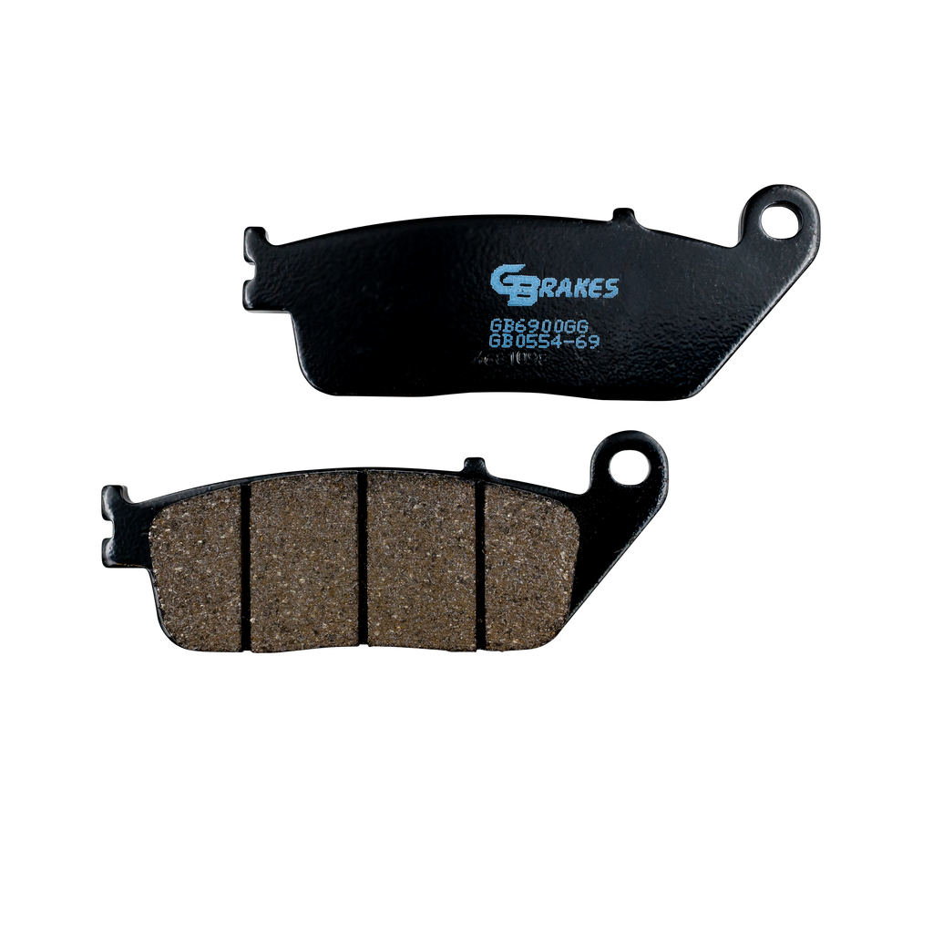 GBRAKES semi-metallic brake pads for vehicle braking systems, shown in a close-up image with detailed metal and friction material.