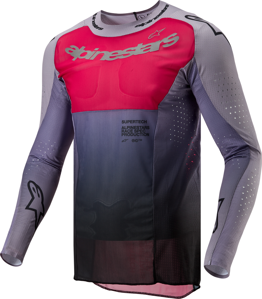 Alpine Star Supertech Dade jersey in iron and red berry colors, featuring sporty design and breathable fabric details.