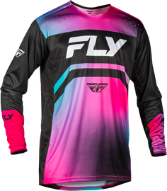 Fly Racing Rayce bicycle jersey in fuchsia, black, and teal with a lightweight, breathable fabric and bold graphic design.