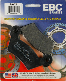 EBC Motorcycle Brakes brake pads 15-473 installed on motorcycle brake caliper, showing black brake pad material and metal backing plate.