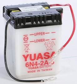 Yuasa 6N4-2A-5 conventional motorcycle battery with black casing and terminal posts, shown in this product image.