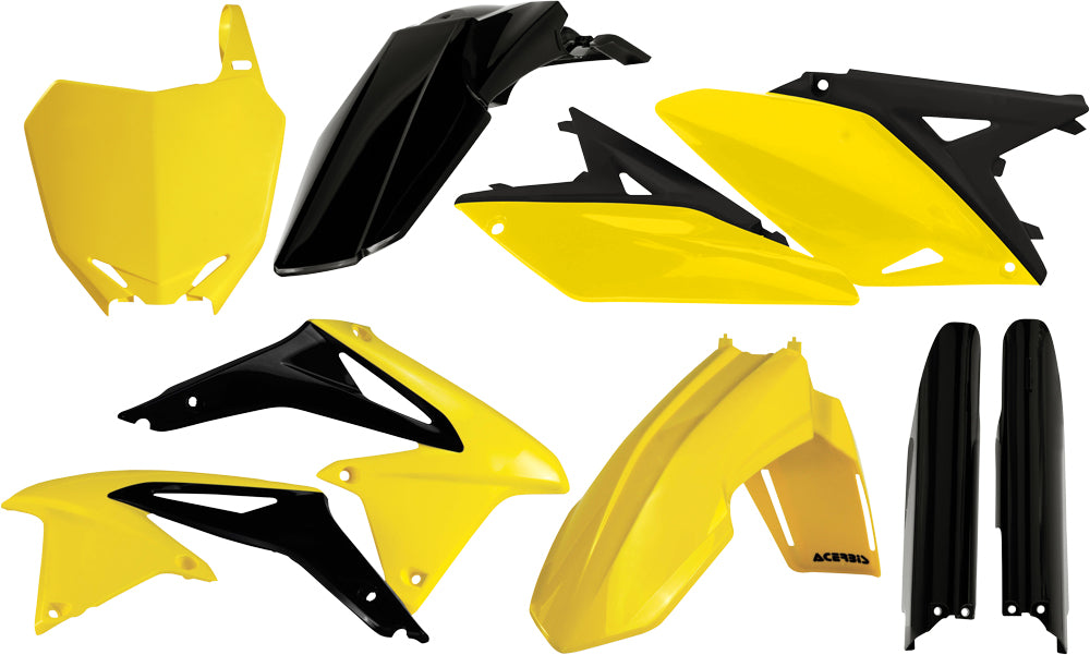 Acerbis yellow full plastic kit for motorcycle, showing assembled plastic panels and parts in bright yellow.