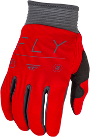 Fly Racing Youth F-16 gloves in red, charcoal, and white showing the padded palm and adjustable wrist strap.