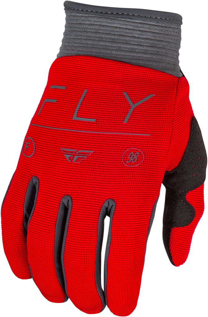 Fly Racing F-16 gloves in red, charcoal, and white, size large, featuring durable protective design for motorcycle riding.