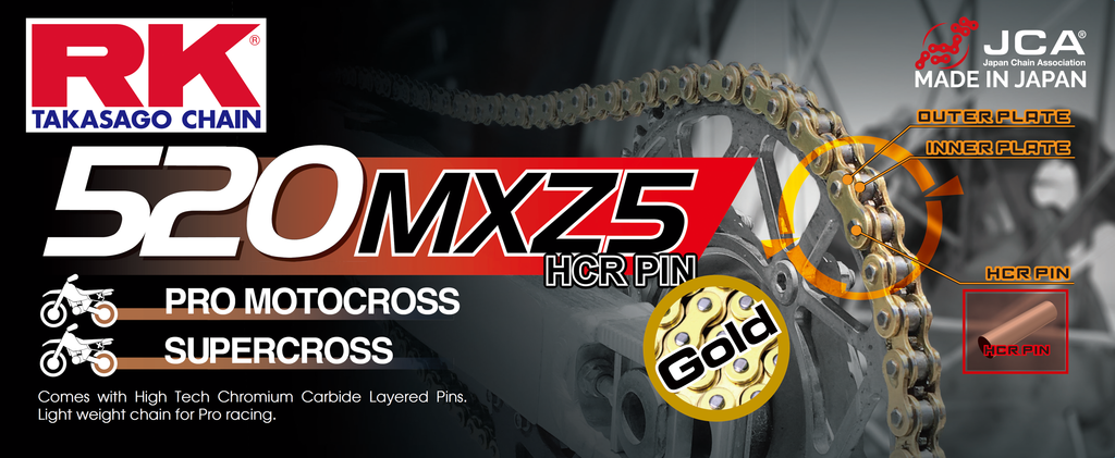 Excel Wheel Components Gb520mxz5 gold drive chain, 520 x 120, showing links and gold finish for motorcycle or bike use.
