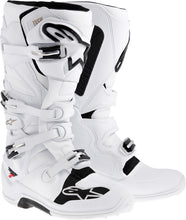 Load image into Gallery viewer, Alpine Star Tech 7 motocross boots in white, size 8, showing the sturdy design and secure closures.